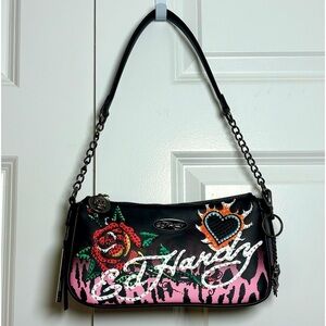 Ed Hardy Black Crystal Embellished Shoulder Handbag w/ Crossbody Strap
